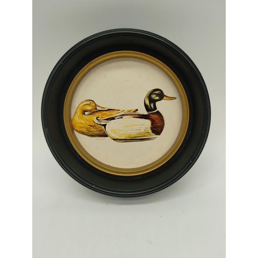 Vintage Mallard Duck Round Wall Plaque Wildlife Print Plastic Frame Cabin 4.5"